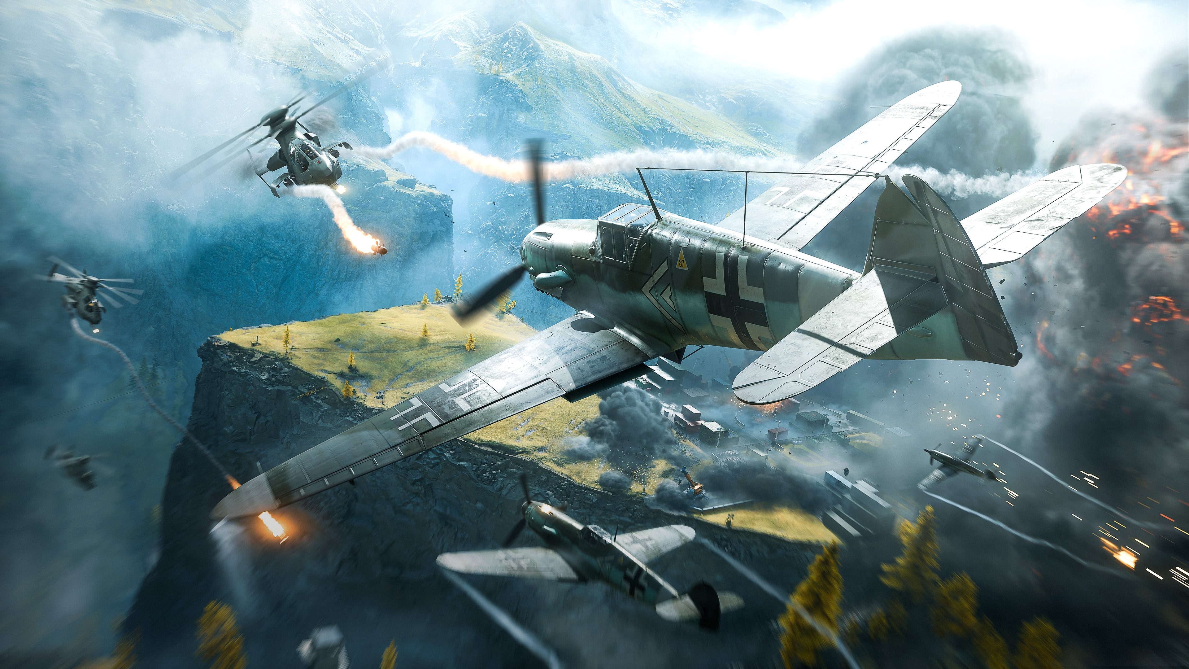 Aviões lutando contra helicópteros no Battlefield Portal.