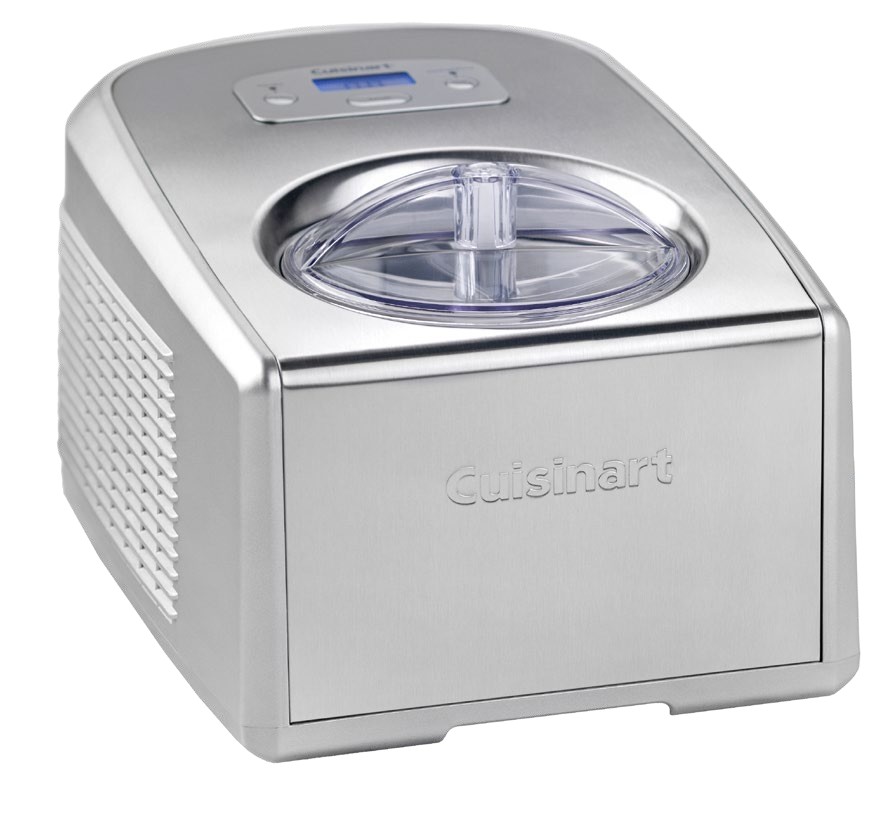 A self-freezing ice cream maker by Cuisinart, featuring a sleek silver design and a transparent lid.