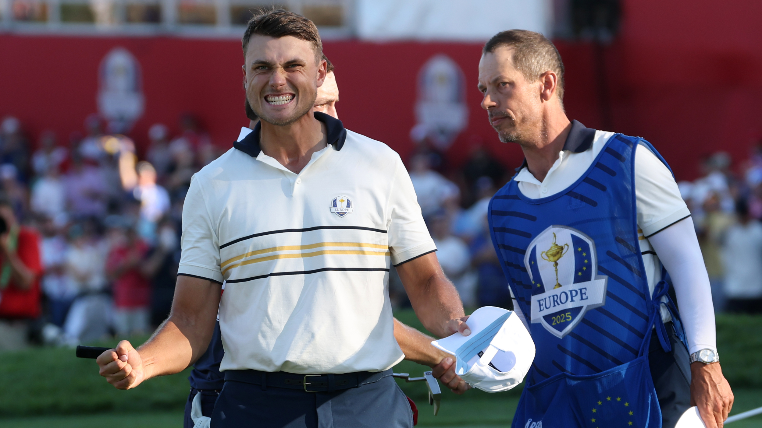 Ludvig Aberg celebrates his Ryder Cup win against Patrick Cantlay