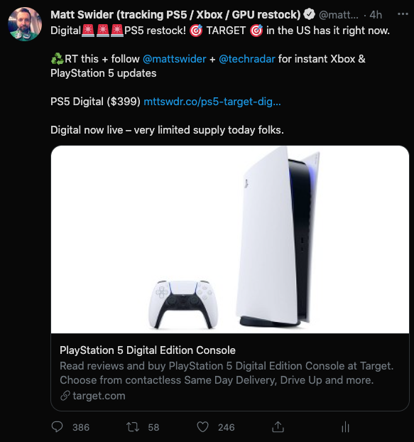 PS5 restock at Target Twitter alert by Matt Swider