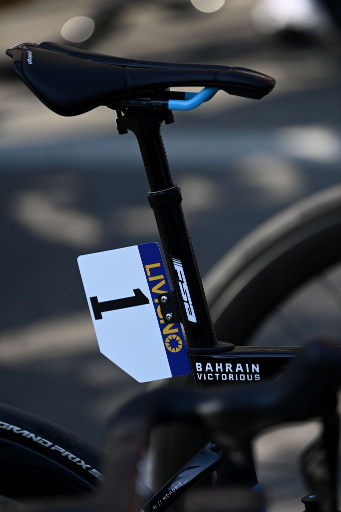 ABBIATEGRASSO ITALY MARCH 18 BIB number detail view of Matej Mohoric of Slovenia and Team Bahrain Victorious prior to the 114th MilanoSanremo 2023 a 294km one day race from Abbiategrasso to Sanremo MilanoSanremo UCIWT on March 18 2023 in Abbiategrasso Italy Photo by Tim de WaeleGetty Images