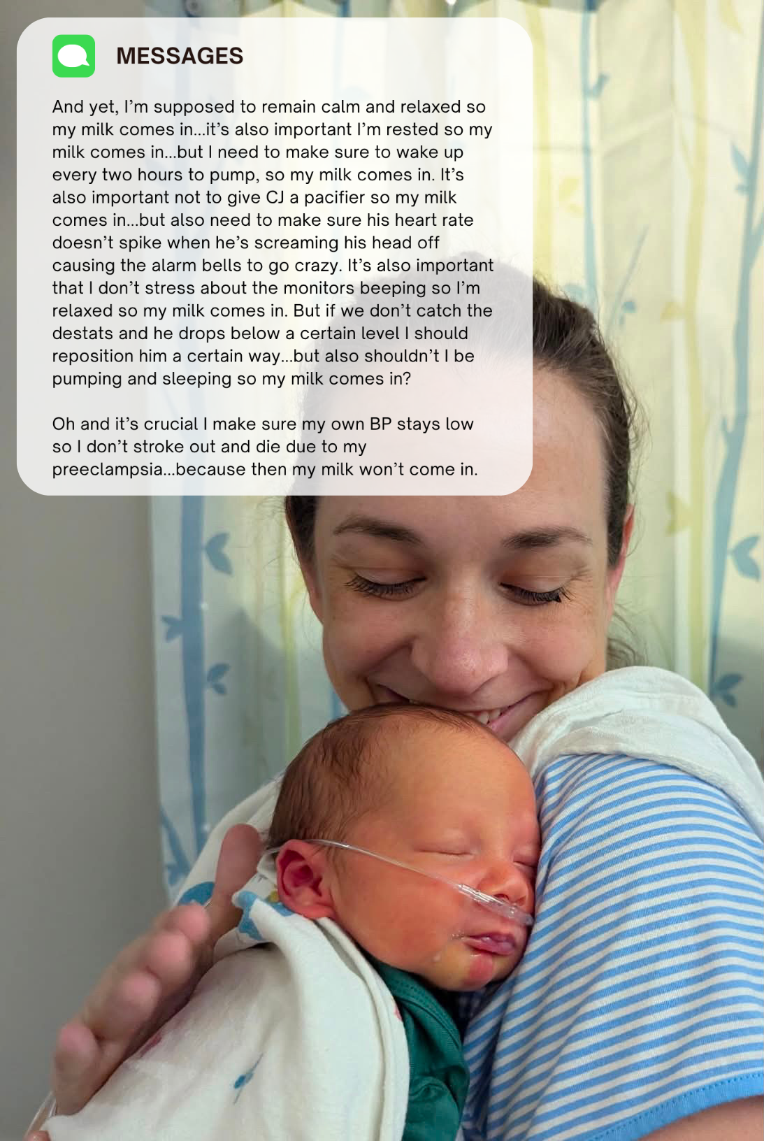 Elizabeth with her newborn son in the hospital, alongside a message she sent to friends during his NICU stay.