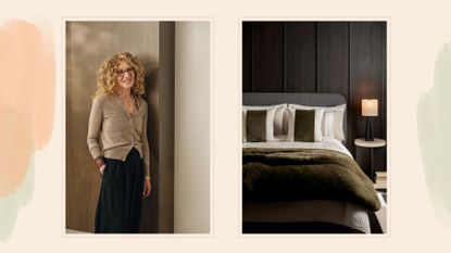 Collage image with a portrait of interior designer Kelly Hoppen and a bedroom with hotel-style bedding to support Kelly Hoppen's interior design tips