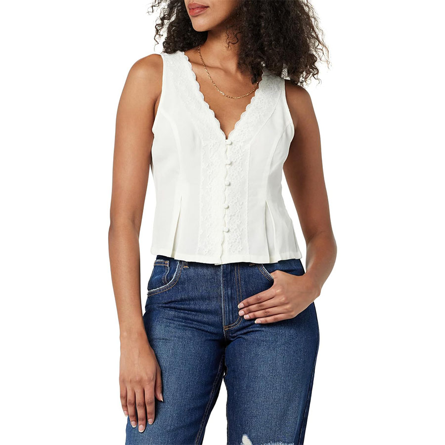 The Drop Women's Paloma Lace Trimmed Sleeveless Top, Whisper White, Xxs