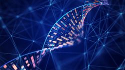 DNA molecular structure with sequencing data of human genome analysis and wire mesh network.