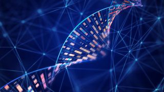 DNA molecular structure with sequencing data of human genome analysis and wire mesh network.