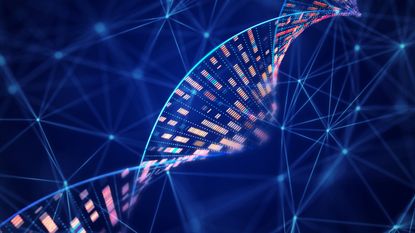 DNA molecular structure with sequencing data of human genome analysis and wire mesh network.