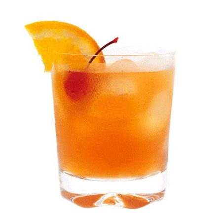 Cocktail with fruit on the glass rim.