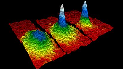 Velocity-distribution data (3 views) for gas of rubidium atoms, confirming the discovery of a new phase of matter, the Bose&ndash;Einstein condensate. Left: just before the appearance of a Bose&ndash;Einstein condensate. Center: just after the appearance of the condensate. Right: after further evaporation, leaving a sample of nearly pure condensate.