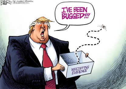 Political Cartoon U.S. President Trump Obama wiretap bugging evidence