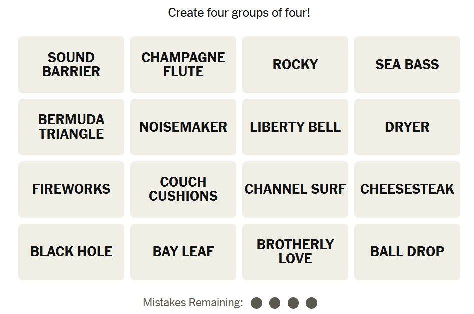 The New York Times Connections puzzle on December 31, 2025