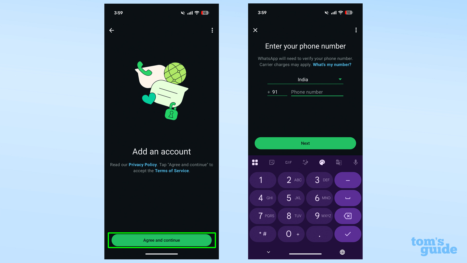 Screenshots showing the second account input options on WhatsApp