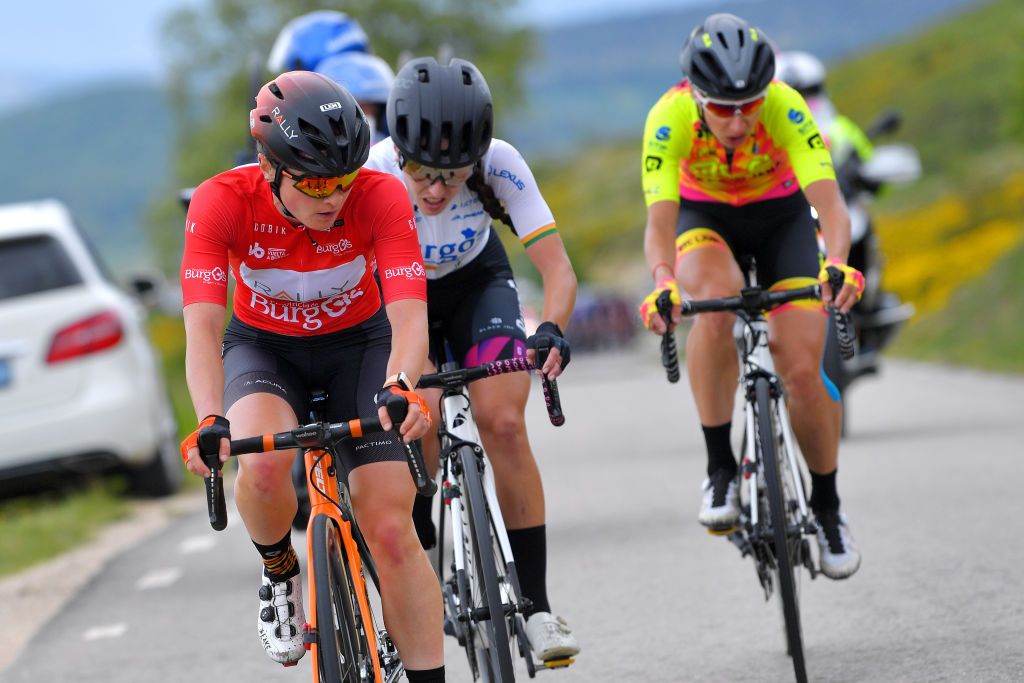 VILLARCAYO SPAIN MAY 21 Heidi Franz of United States and Team Rally Cycling Red mountain jersey Antri Christoforou of Cyprus and Team Burgos Alimenta Women Cycling Sport in breakaway during the 6th Vuelta A Burgos Feminas 2021 Stage 2 a 97km stage from Pedrosa de Valdeporres to Villarcayo VueltaBurgos BurgosFem UCIWWT on May 21 2021 in Villarcayo Spain Photo by Luc ClaessenGetty Images