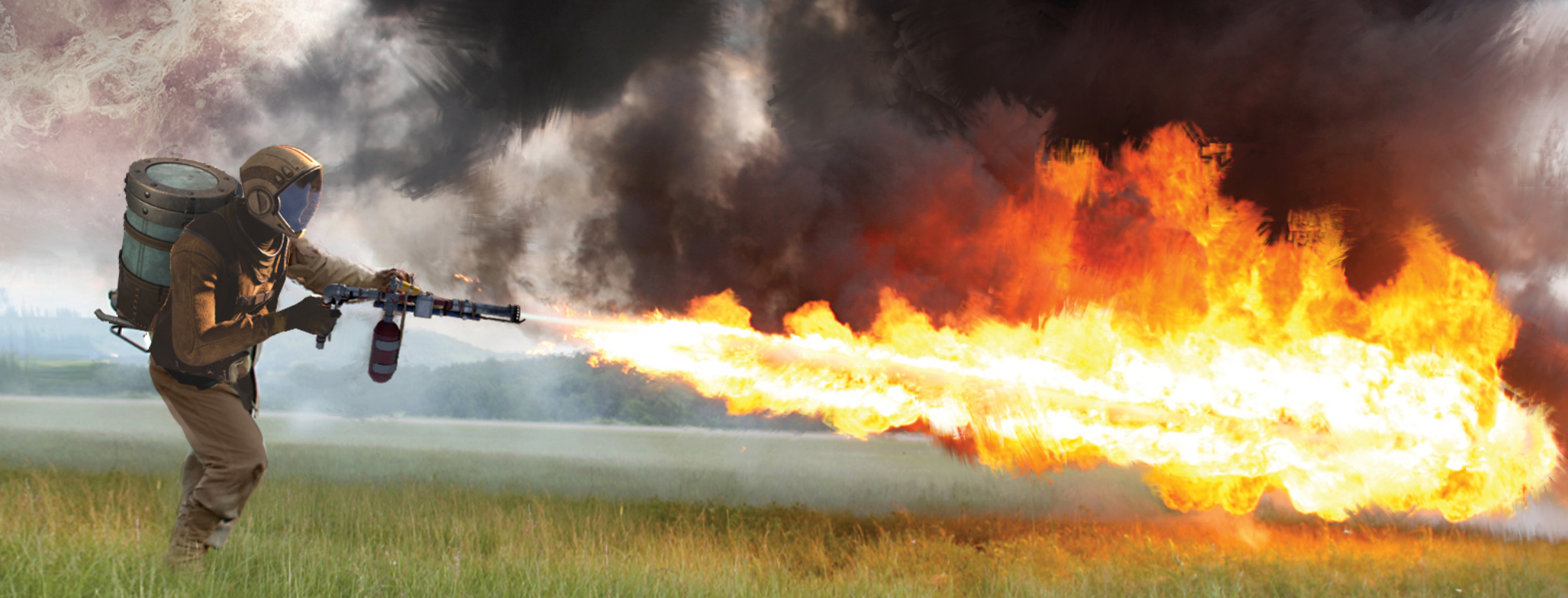 A man in an astronaut outfit using a flamethrower