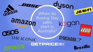 Purple background with scattered brand logos around a white circle with writing that says When do Boxing Day sales start in Australia?