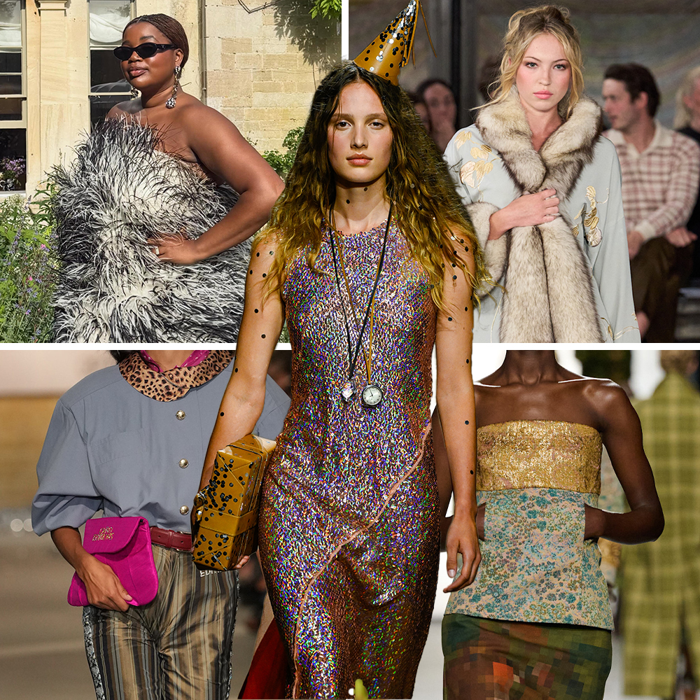 A collage of the maximalism fashion trend.