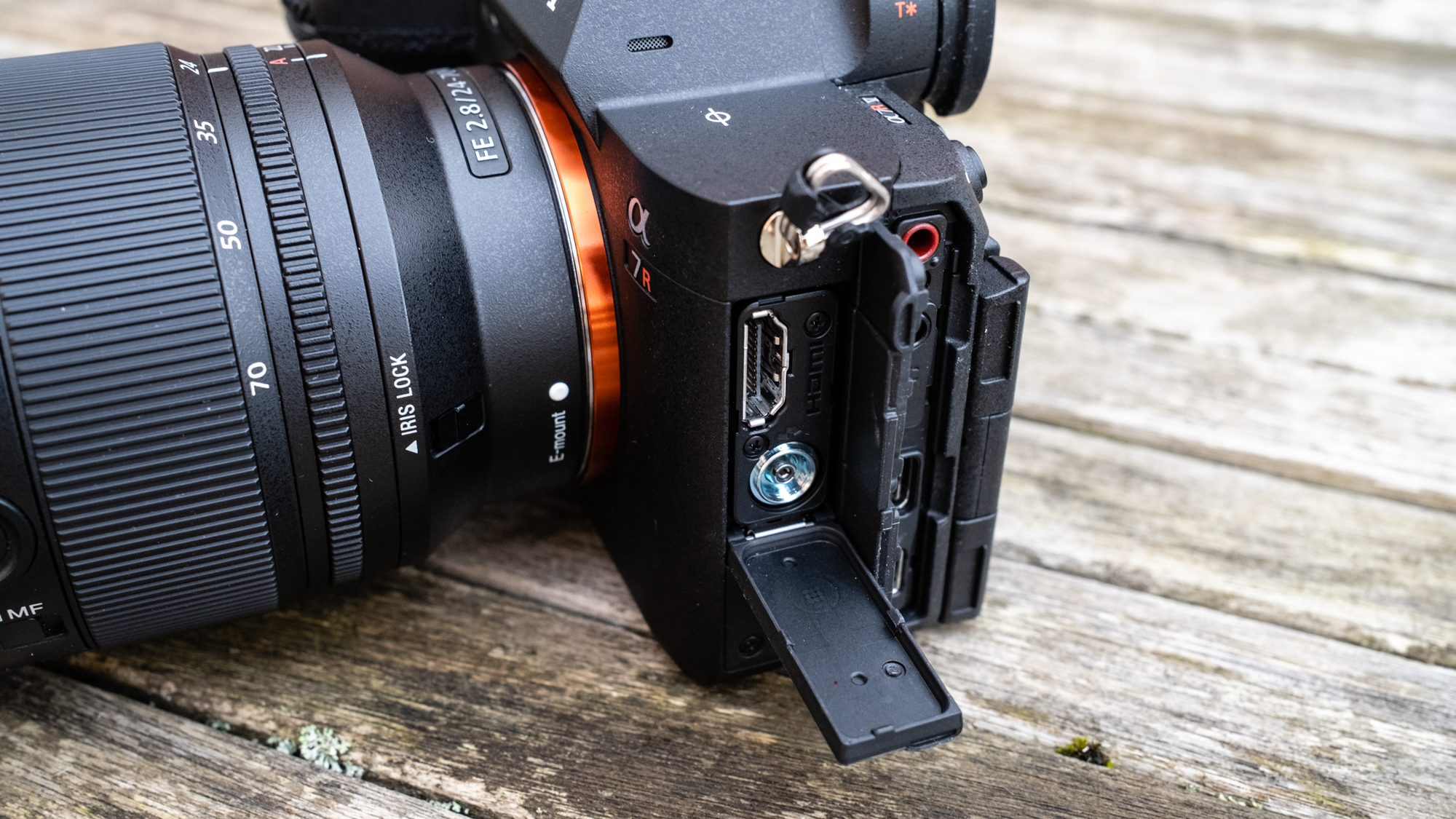 The Sony A7R V close up of the ports