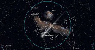 On the night of Oct. 10, 2018, Comet 21P, now fading, will pass through the beautiful Seagull Nebula, which sits on the border of the constellation Canis Major and is a palm's width to the left of the very bright star Sirius. The blue circle represents the field of view of a telescope at low magnification.