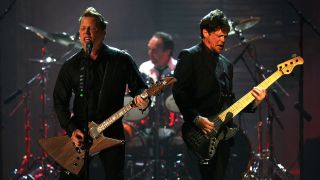 James Hetfield and Jason Newsted of Metallica onstage at the 24th Annual Rock and Roll Hall of Fame Induction Ceremony at Public Hall on April 4, 2009 in Cleveland, Ohio.