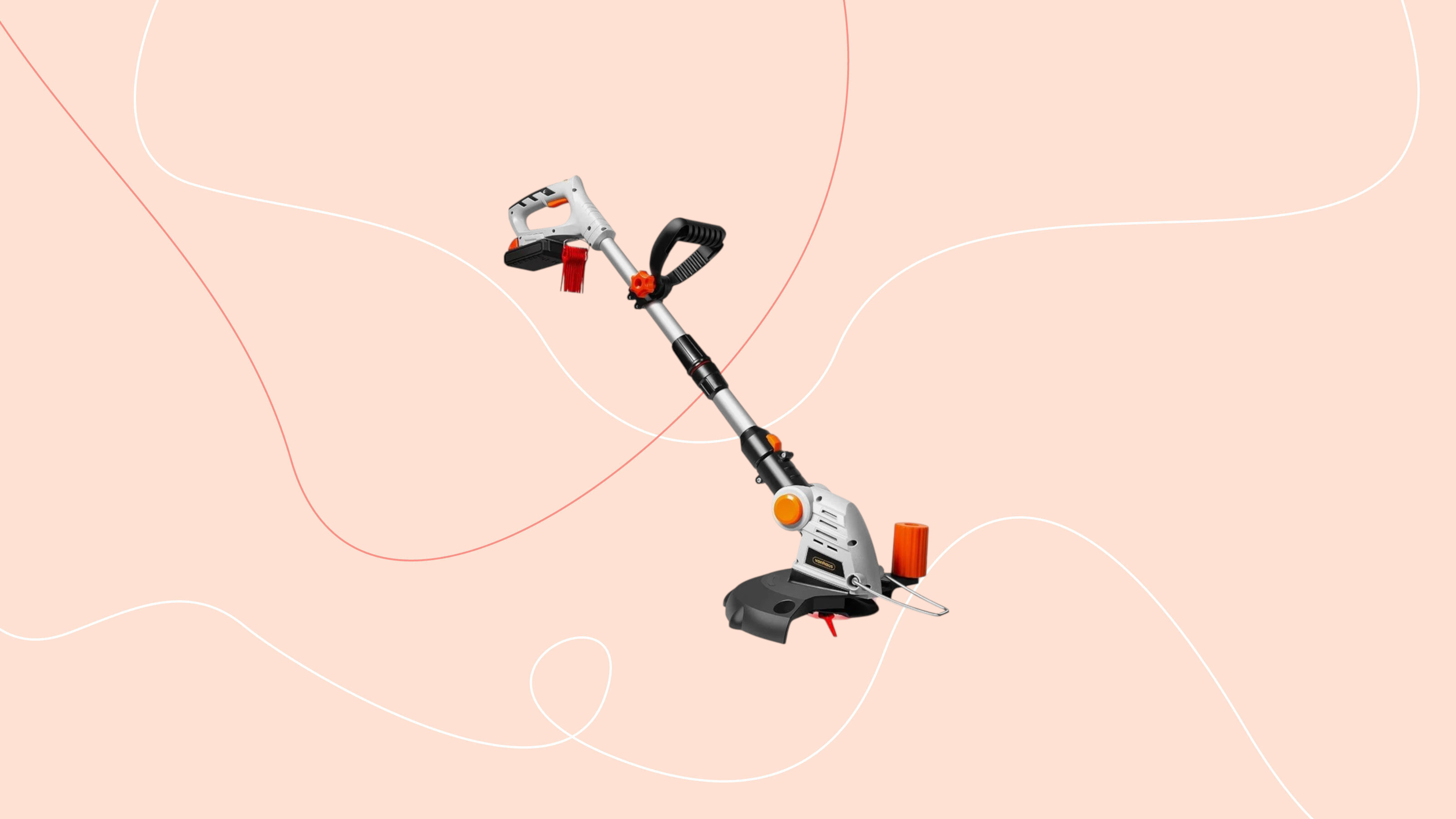 Vonhaus g series cordless grass trimmer on a pink graphic background