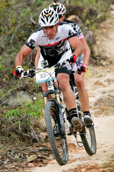 One of the two tandem teams in the race takes a corner.