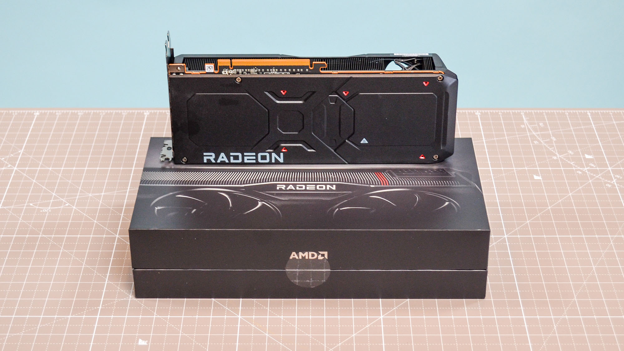 An AMD Radeon RX 7800 XT on a table