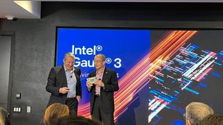 Intel MEteor Lake event with Intel CEO Pat Gelsinger holding up the first Intel Gaudi 3 chip