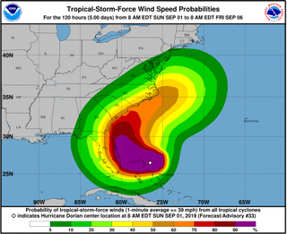 An wind speed probability map from the same morning of Trump's first Alabama tweet shows a 5% to 10% chance of tropical storm-force winds in the southeastern corner of Alabama.