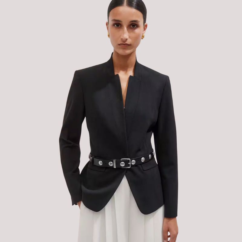 Textured Tailoring Collarless Blazer on model