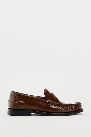 ZARA, Flat Leather Loafers in brown