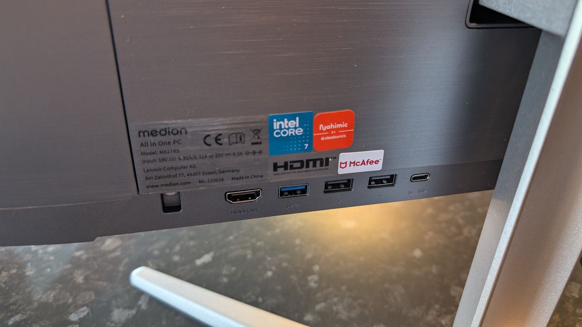 The Medion Signium 27 S1 AIO desktop pictured on a marble worksurface.