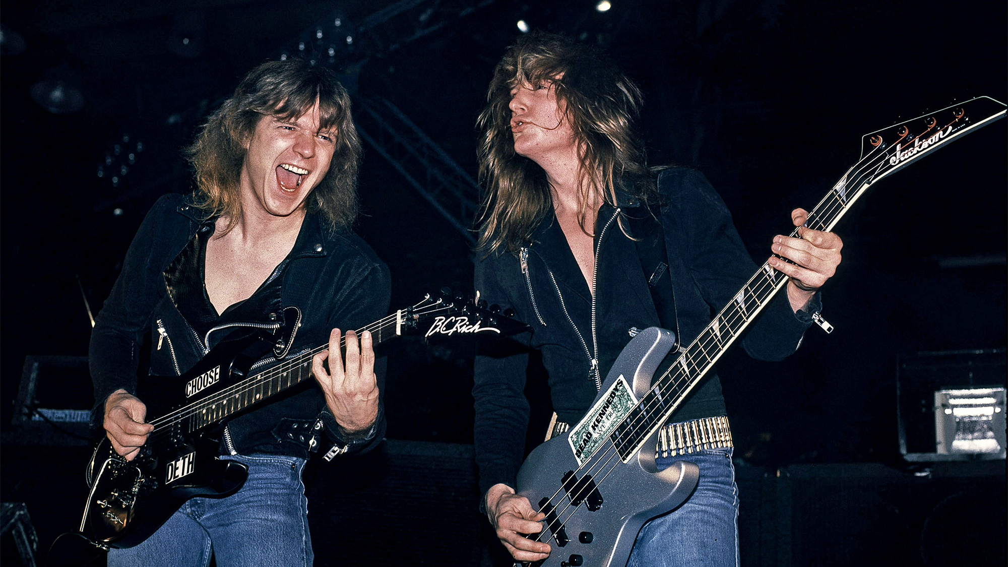 Guitarist Chris Poland and bassist David Ellefson of the heavy metal band Megadeth perform at UIC Pavillion in Chicago on February 12, 1987 in Chicago, Illinois.
