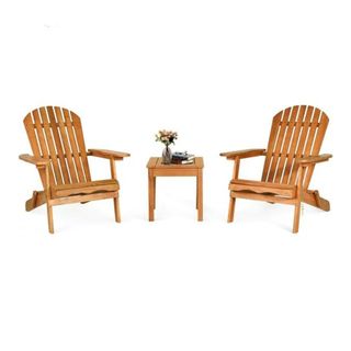 Two Adirondack chairs in natural wood color with table