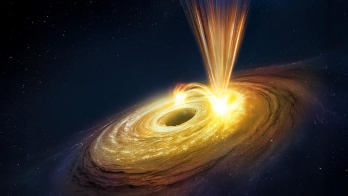 an illustration of a flaring black hole releasing a powerful blast of wind
