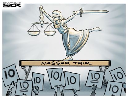 Political cartoon U.S. Larry Nassar USA Womens Gymnastics sexual assault