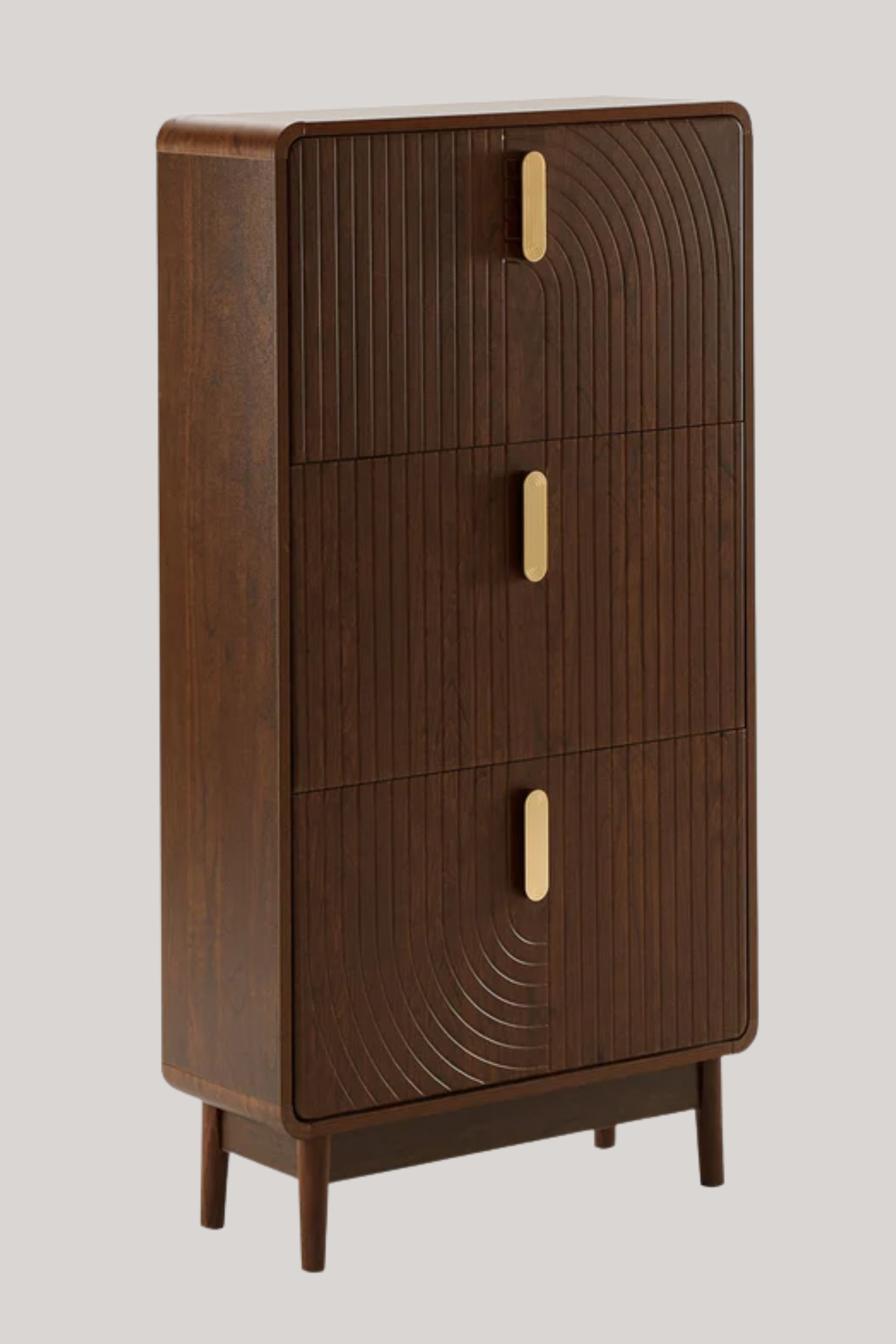 A brown shoe storage cabinet with gold hardware