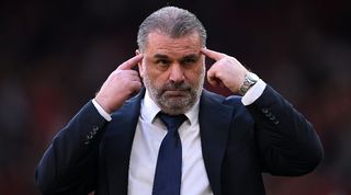 Tottenham manager Ange Postecoglou reacts during Spurs' defeat to Liverpool at Anfield in May 2024.