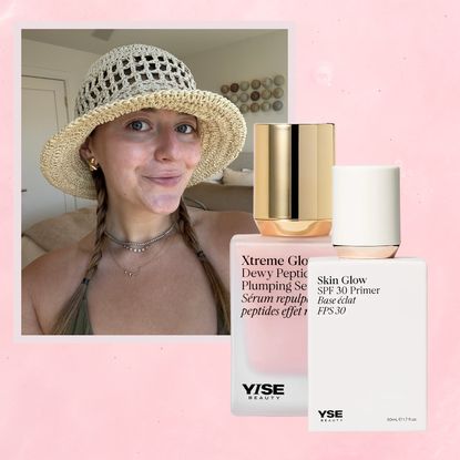 girl in pigtail braids and a sun hat with a summer glow next to yise beauty skincare bottles on a pink background