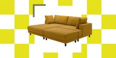 yellow IKEA UPP&Aring;KRA Sofa on a checkered yellow-and-white background