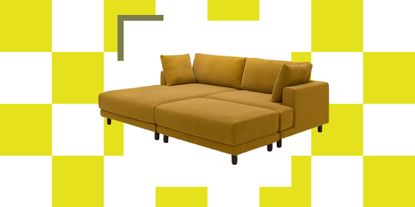 yellow IKEA UPP&Aring;KRA Sofa on a checkered yellow-and-white background