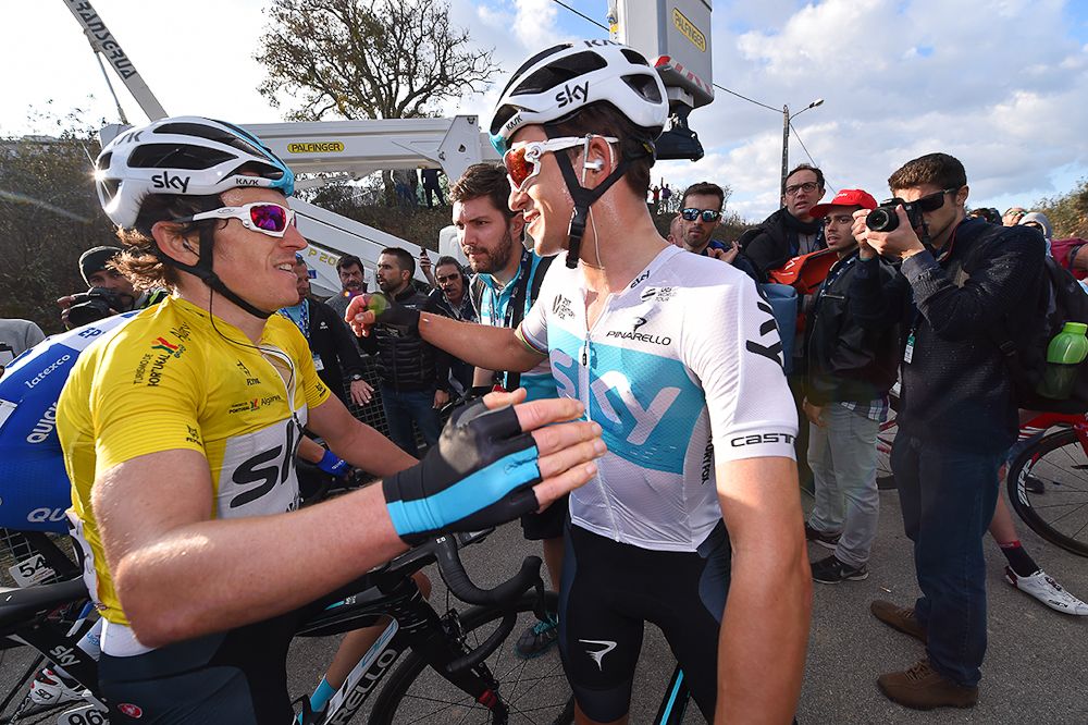 Geraint Thomas congratulates Michal Kwiatkowski after stage 5 at Volta ao Algarve