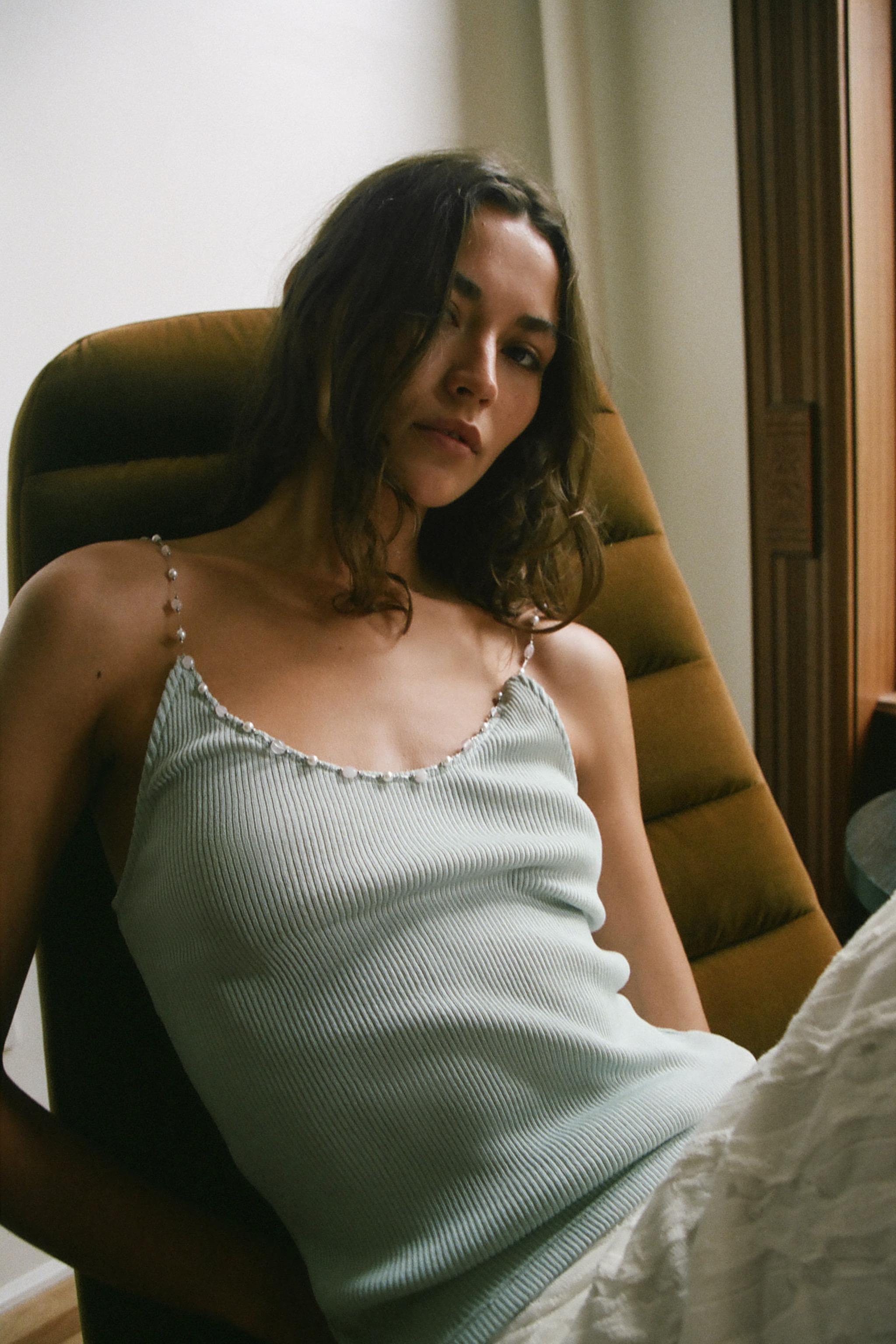 Beaded Ribbed Top - Pearl Gray - S