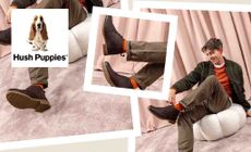 Hush Puppies Logo placed over a collage of a man wearing boots