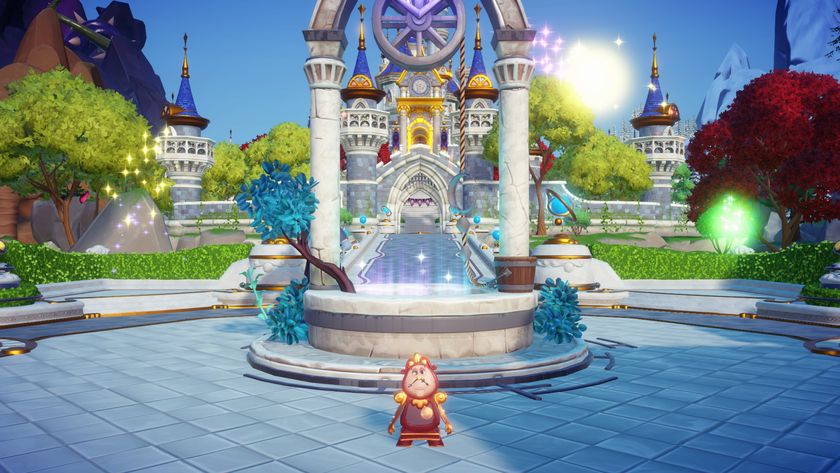 Cogsworth stood in front of the Dream Castle in Disney Dreamlight Valley
