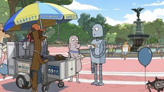 A still from the animated movie Robot dreams showing a robot buying food from a street food stall