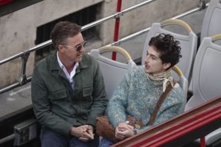 ROME, ITALY - JANUARY 17: Edward Norton and Timothée Chalamet are seen on a double decker bus on January 17, 2025 in Rome, Italy.