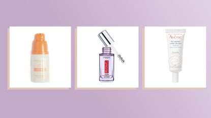three of w&h's best drugstore eye creams picks—revolution loreal paris and avene—on a lilac background