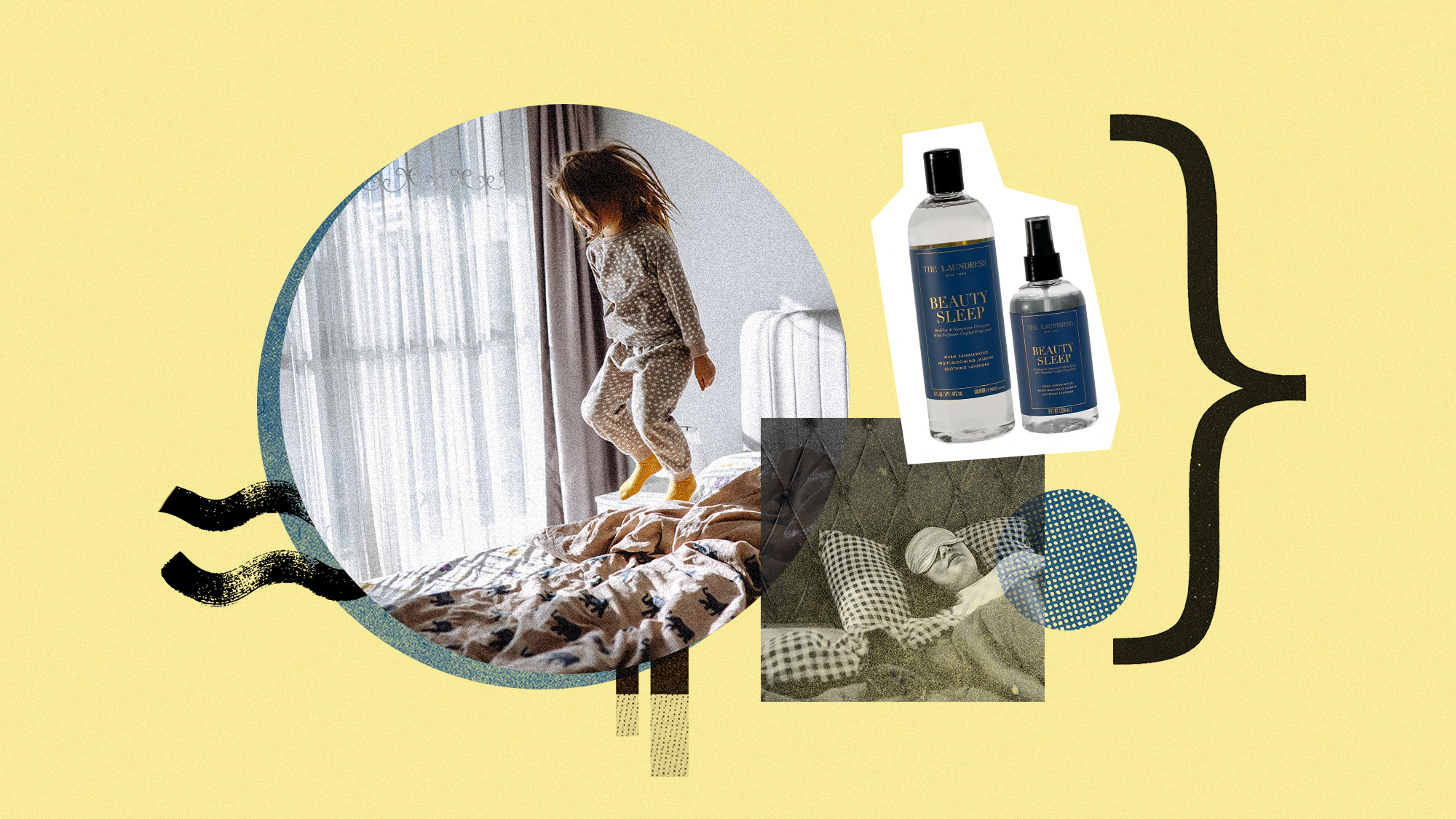 Photo collage of a The Launderess sleep spray, a child jumping on bed, and a woman sleeping with a mask on