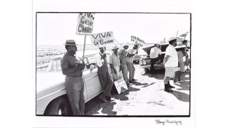 Black and white photograph of farm workers leaning against parked cars, holding hand-lettered picket signs reading "Viva Cesar Chavez" and "Viva La Union". (landscape)