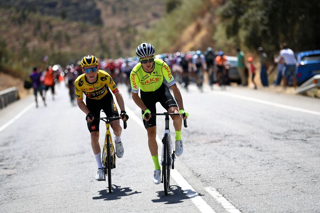 MONASTERIO DE TENTUDA SPAIN SEPTEMBER 07 LR Sam Oomen of Netherlands and Team Jumbo Visma and Elie Gesbert of France and Team Arka Samsic in the early attack during the 77th Tour of Spain 2022 Stage 17 a 1624km stage from Aracena to Monasterio de Tentuda 1095m LaVuelta22 WorldTour on September 07 2022 in Monasterio de Tentuda Spain Photo by Justin SetterfieldGetty Images